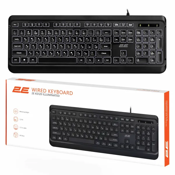 Клавиатура USB-A мембранная KS120, EN/UK, White LED, чёрная 2E (2E-KS120UB_UA) - Фото 14