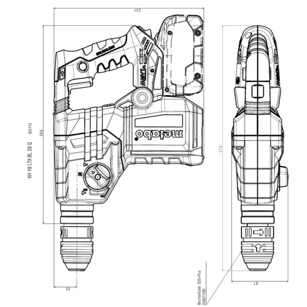 Перфоратор аккумуляторный KH 18 LTX BL 28 Q, B, SDS-plus, 18В, 3Дж, 3 режима, 0-1000об•мин, 3.4кг, без АКБ и ЗП Metabo (601715850) - Фото 5
