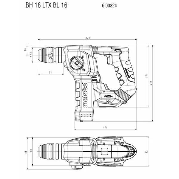 Перфоратор аккумуляторный BH 18 LTX BL 16, SDS-plus, 18В, 1.3Дж, 2 режима, 0-730об•мин, 1.6кг, без АКБ и ЗП Metabo (600324850) - Фото 7