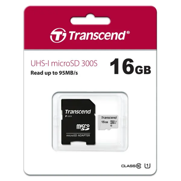 Карта памяти microSD 16GB C10 UHS-I R95/W10MB/s + SD Transcend (TS16GUSD300S-A) - Фото 2