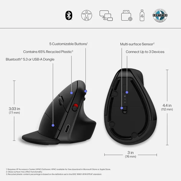 Мышь беспроводная WL/BT 920 Ergonomic Vertical чёрная HP (6H1A4AA) - Фото 1