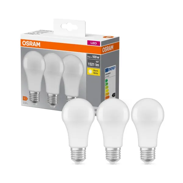 Набор ламп LED E27 13Вт 2700К 1520Лм A60 3 шт Osram (4058075819412) - Фото 1
