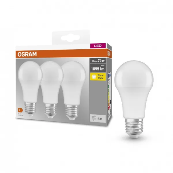 Набор ламп LED E27 10Вт 2700К 1055Лм A60 3 шт Osram (4058075819436) - Фото 1