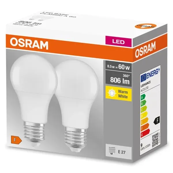 Набор ламп LED E27 8.5Вт 2700К 806Лм A60 2 шт Osram (4058075152656) - Фото 1