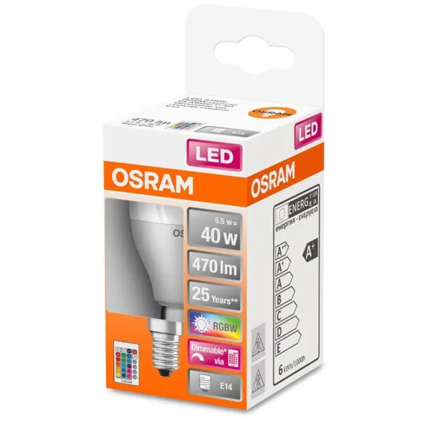 Лампа светодиодная LED STAR Е14 5.5-40W 2700K+RGB 220V Р45 пульт ДУ Osram (4058075430877) - Фото 1