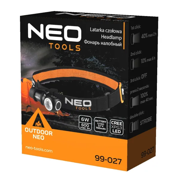 Фонарь налобный аккумуляторный 700мА•ч 600лм 6Вт  IPX4 Neo Tools (99-027) - Фото 6