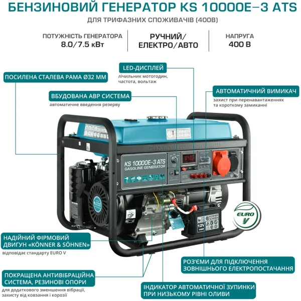 Генератор бензиновый KS 10000E-3 400В 7.5кВт 3 фазы АВР (ATS) электростартер 89.2кг Konner&Sohnen (KS10000E-3ATS) - Фото 7