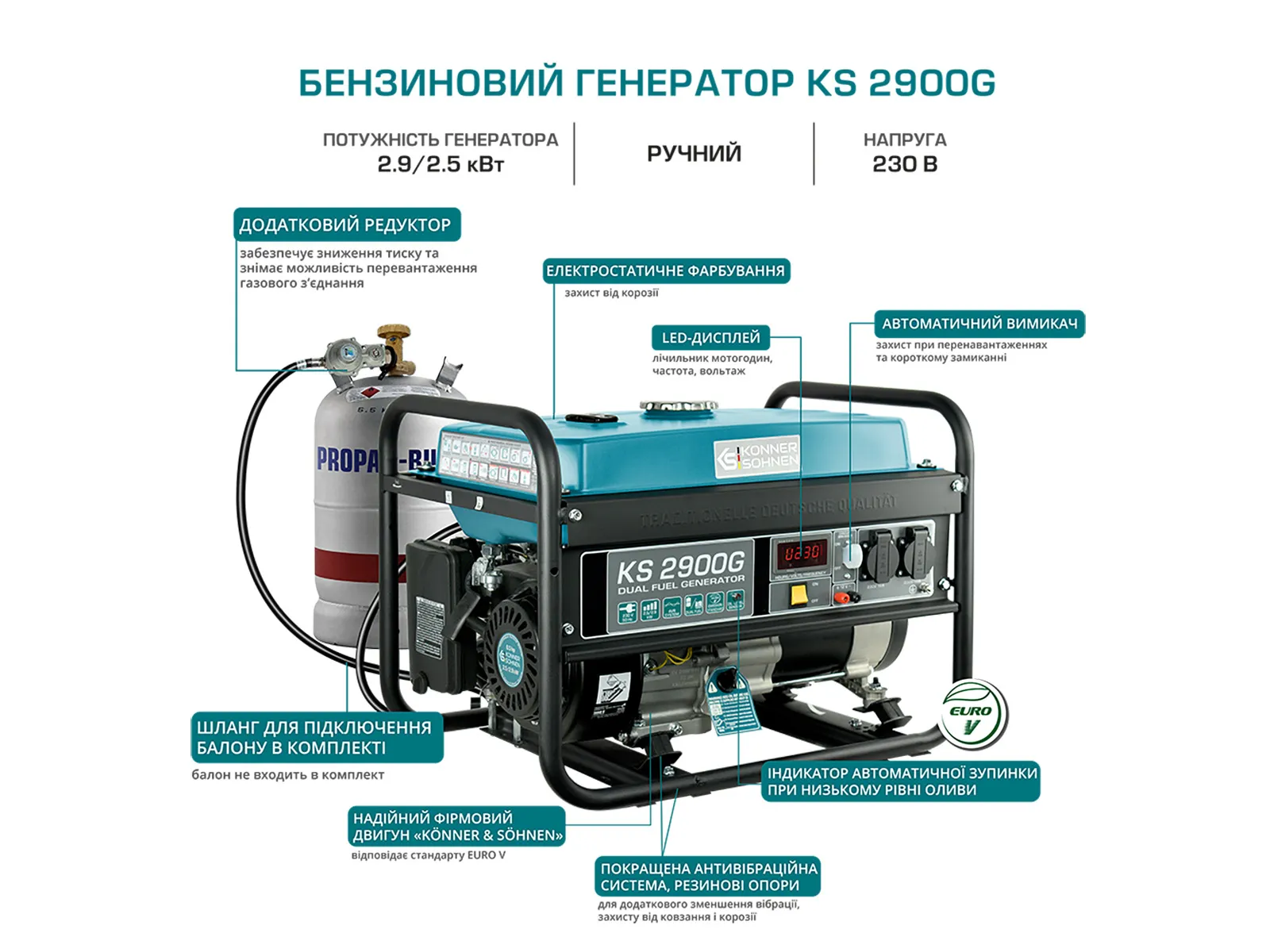 Генератор газобензиновий KS 2900G 230В 2.9кВт ручний запуск 43кг Konner&Sohnen (KS2900G) - Фото 8