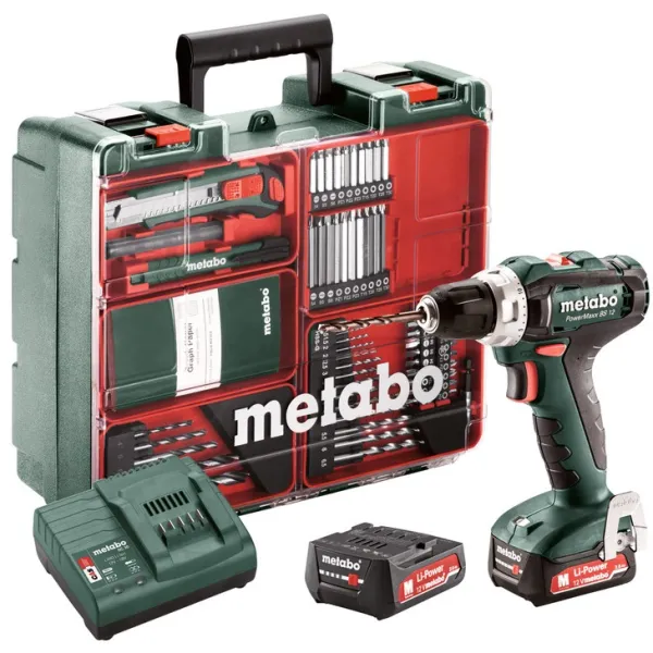 Шуруповерт-дрель аккумуляторный PowerMaxx SB 12 Set, 12В 2x2Ач, 17/40Нм, 0-360/0-1400об/мин, 1.1кг Metabo (601036870)