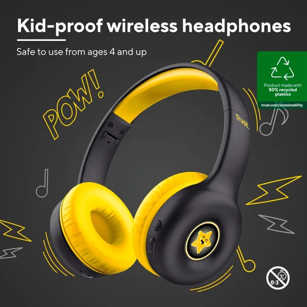 Наушники беспроводные On-ear Nouna Kids Mic чёрные Trust (25405_TRUST) - Фото 1