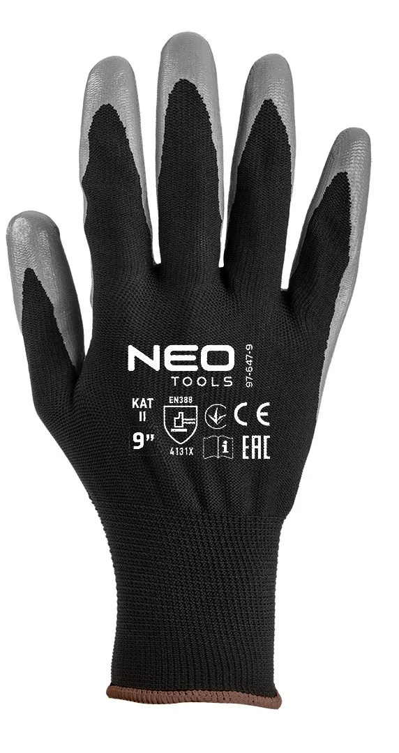 Перчатки рабочие Neo Tools комплект 12шт, полиэстер с нитриловым покрытием, р.9, серо-черный - Фото 3