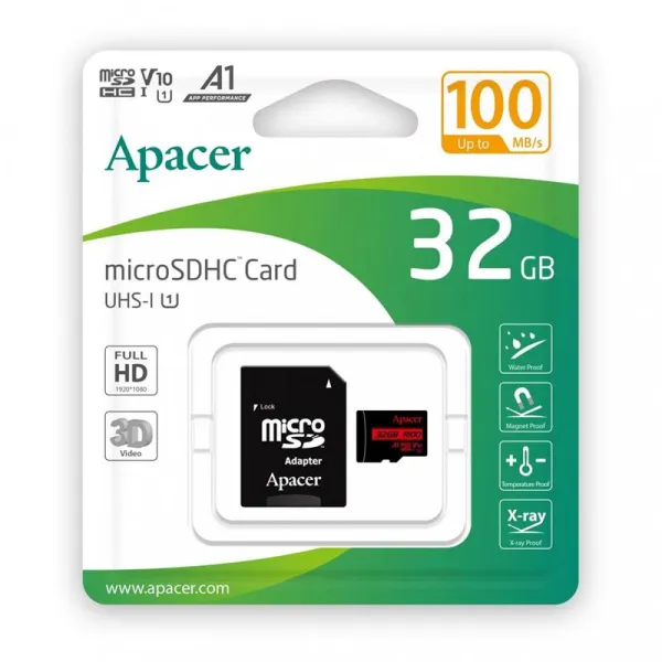 Карта пам'яті 32GB microSD C10 UHS-I R100MB/s + SD Apacer (AP32GMCSH10UB-R) - Фото 1