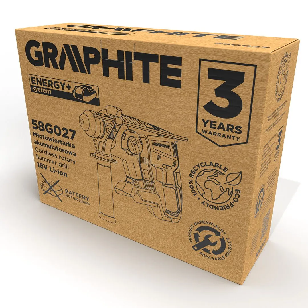 Перфоратор акумуляторний Energy+ SDS-plus 18В 2.2Дж 2.26кг без АКБ та ЗП GRAPHITE (58G027) - Фото 10