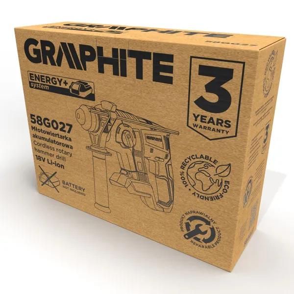 Перфоратор аккумуляторный Energy+ SDS-plus 18В 2.2Дж 2.26кг без АКБ и ЗП GRAPHITE (58G027) - Фото 10