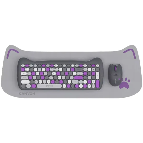 Комплект клавиатура и мышь с ковриком беспроводной HSET-W6 Kitty Edition фиолетовый Canyon (CNS-HSETW6VT) - Фото 5