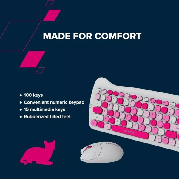 Комплект клавіатура та миша з ковриком бездротовий HSET-W6 Kitty Edition фіолетовий Canyon (CNS-HSETW6VT) - Фото 4
