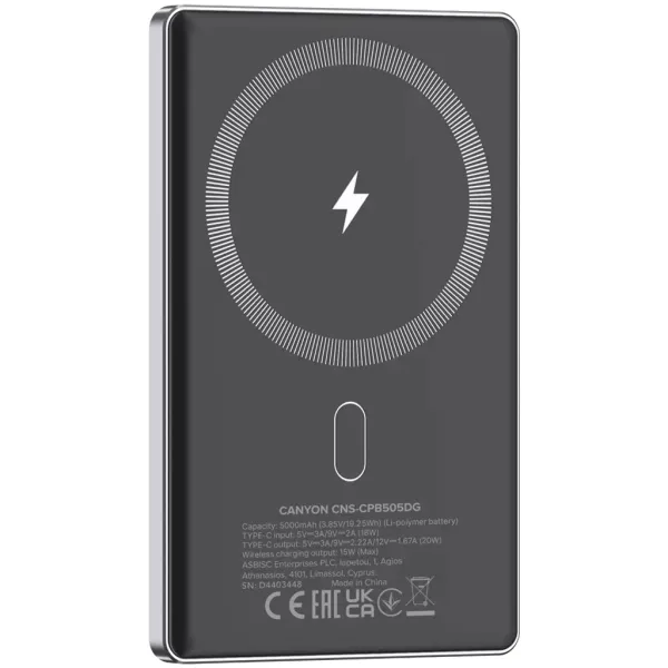 Аккумулятор внешний Power Bank 5000 mAh OnPower 505 slim Magsafe PD 20W серый Canyon (CNS-CPB505DG) - Фото 3