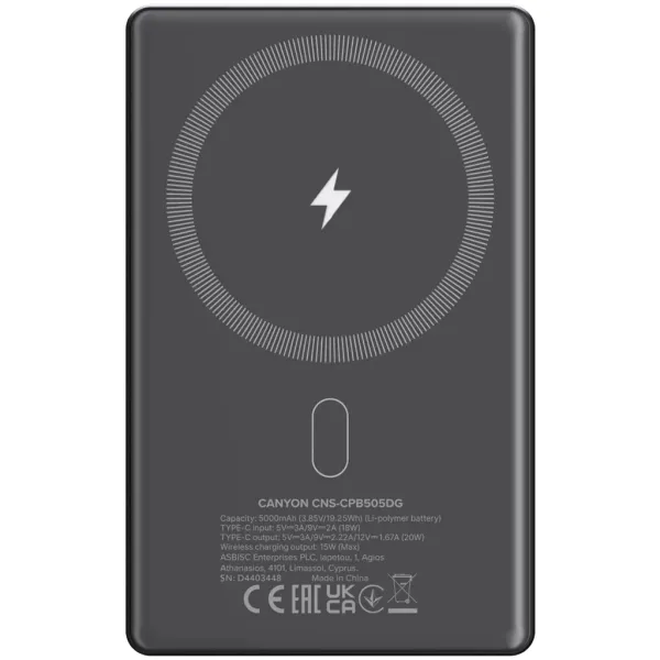 Аккумулятор внешний Power Bank 5000 mAh OnPower 505 slim Magsafe PD 20W серый Canyon (CNS-CPB505DG) - Фото 4