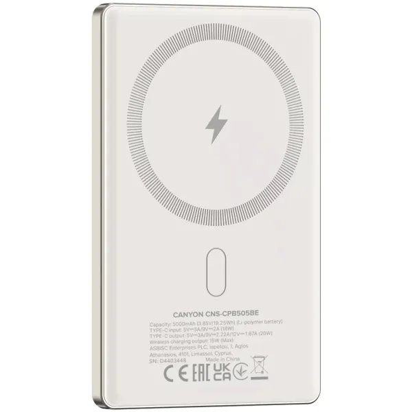 Аккумулятор внешний Power Bank 5000 mAh OnPower 505 slim Magsafe PD 20W бежевый Canyon (CNS-CPB505BE) - Фото 4