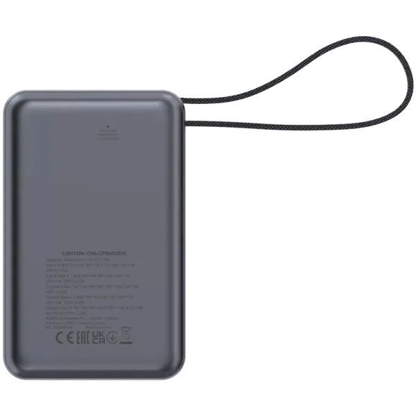 Аккумулятор внешний Power Bank 20000 mAh OnPower 600 built-in cable PD 65W серый Canyon (CNS-CPB600DG) - Фото 3