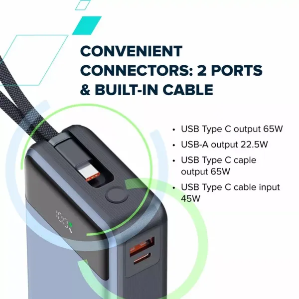 Аккумулятор внешний Power Bank 20000 mAh OnPower 600 built-in cable PD 65W серый Canyon (CNS-CPB600DG) - Фото 5