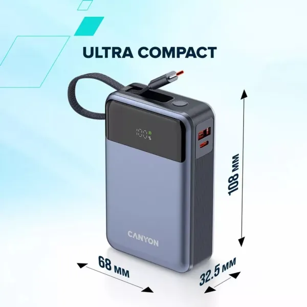 Аккумулятор внешний Power Bank 20000 mAh OnPower 600 built-in cable PD 65W серый Canyon (CNS-CPB600DG) - Фото 10
