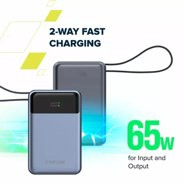 Аккумулятор внешний Power Bank 20000 mAh OnPower 600 built-in cable PD 65W серый Canyon (CNS-CPB600DG) - Фото 12
