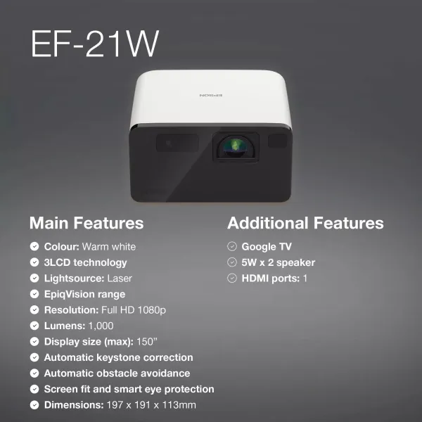 Проектор EF-21W FHD, 1000 lm, LASER, 1, Google TV, Diamond White Epson (V11HB35040) - Фото 3