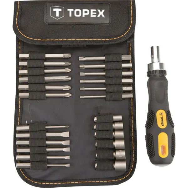 Набор бит 26шт, 1/4", битодержатель, торцевые головки 6шт, SL,PH,PZ,T, CrV TOPEX (39D352)