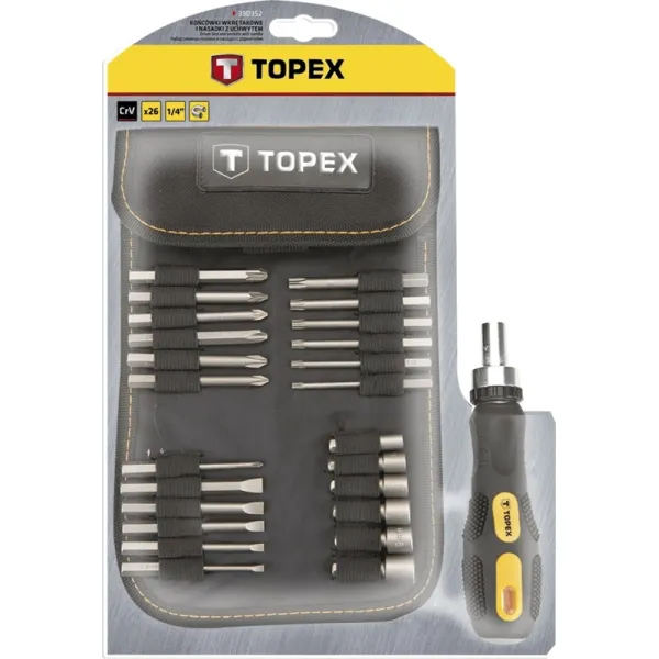 Набор бит 26шт, 1/4", битодержатель, торцевые головки 6шт, SL,PH,PZ,T, CrV TOPEX (39D352) - Фото 1