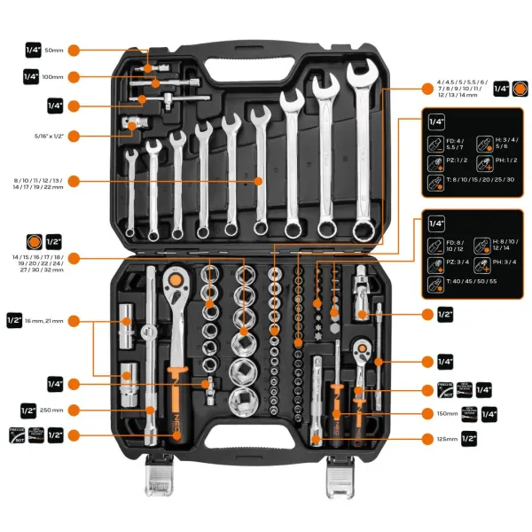 Набор инструмента 82шт, 1/2", 1/4", CrV, кейс Neo Tools (10-059) - Фото 1