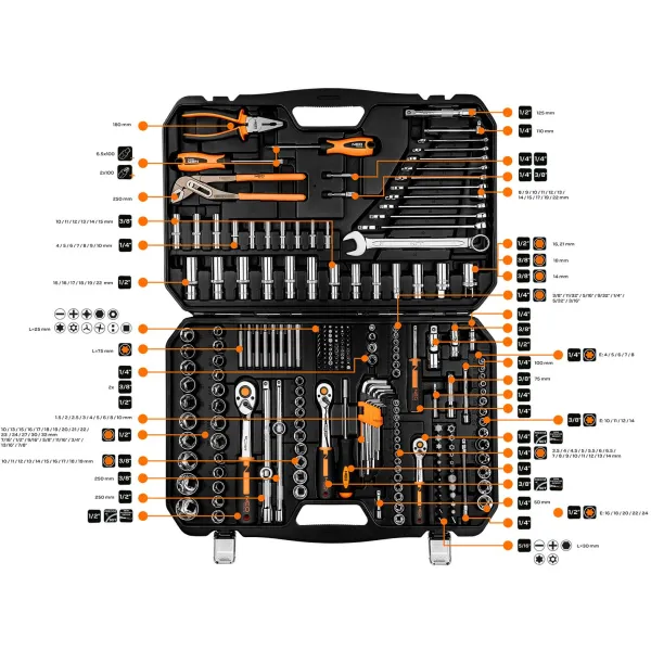Набор инструмента 233шт, 1/2", 1/4", 3/8", CrV, кейс Neo Tools (10-078) - Фото 1