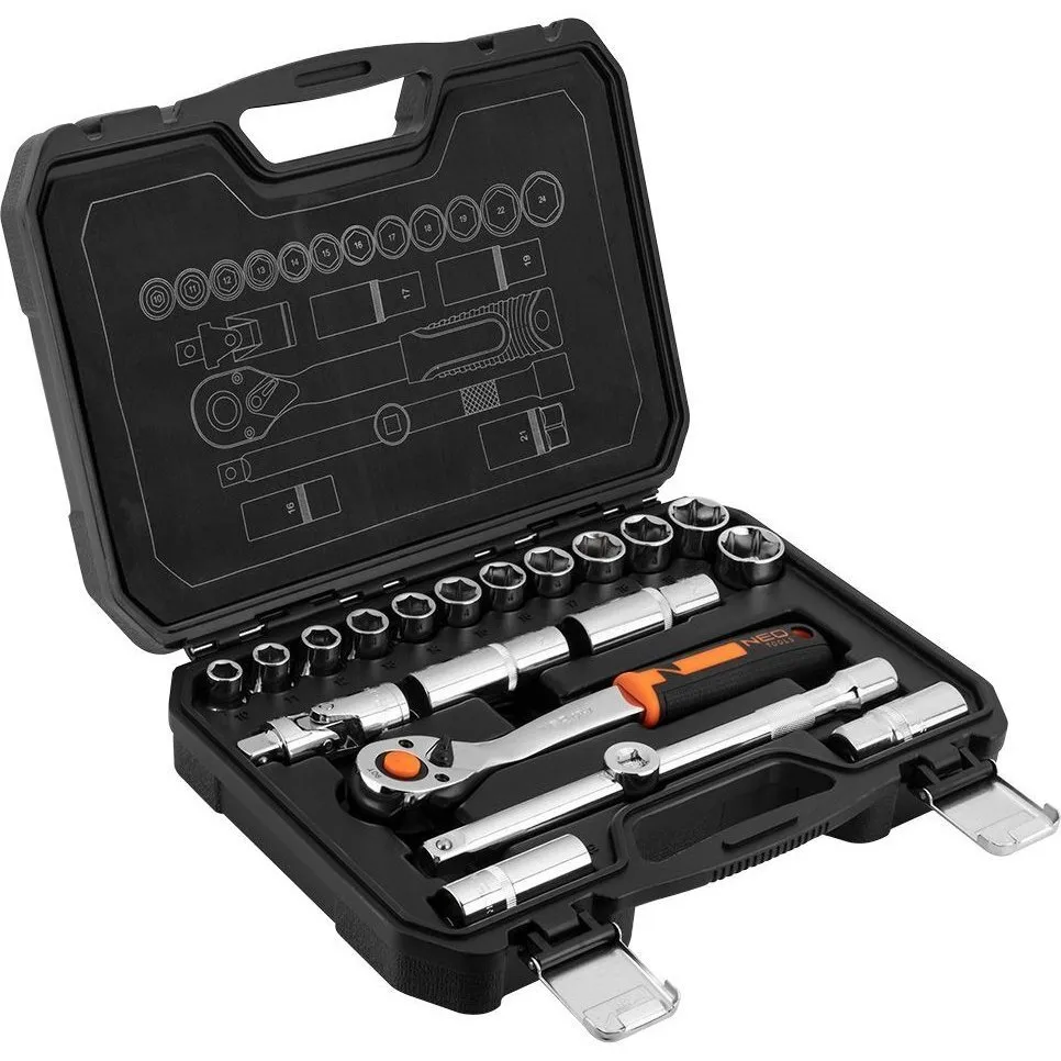 Набір торцевих головок, 20шт, 1/2", тріскачка 90 зубців, CrV, кейс Neo Tools (10-032N) Набір торцевих головок, 20шт, 1/2", тріскачка 90 зубців, CrV, кейс Neo Tools (10-032N)