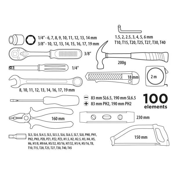 Набор инструментов 1/4", 3/8", 100шт, универсальный Top Tools (38D535) - Фото 1