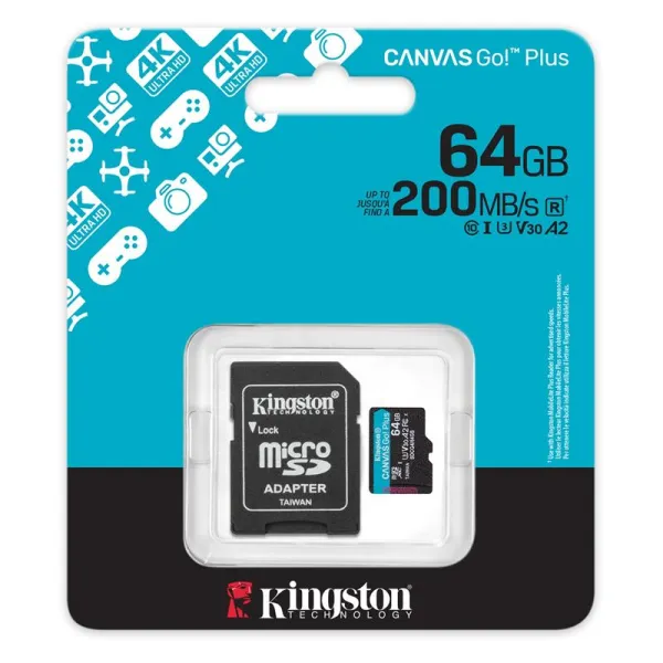 Карта памяти 64GB microSD C10 UHS-I U3 A2 V30 R200MB/s + SD Kingston (SDCG4/64GB) - Фото 2
