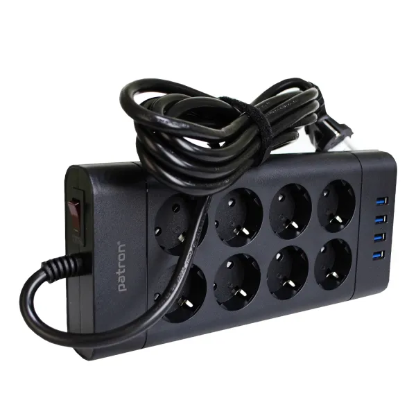 Фильтр сетевой 8 розеток + 4 х USB, 3 м, 16 А, 250 В, черный Patron Power (SP-1683-USB) - Фото 2