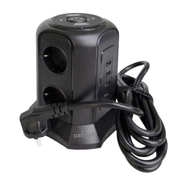 Фильтр сетевой 6 розеток + 4 х USB и беспроводная зарядка, башня, 3 м, 16 А, 250 В, черный Patron Power (SP-1663-USBTW) - Фото 1