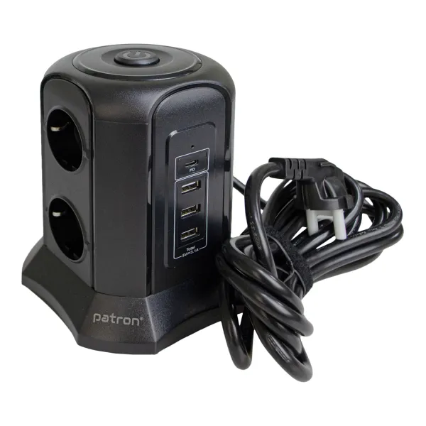 Фільтр мережевий 6 розеток + 3 х USB, 1 х USB-C, вежа, 3 м, 16 А, 250 В, чорний Patron Power (SP-1663-USBT) - Фото 1