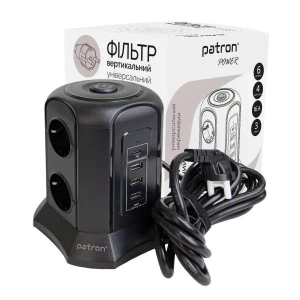 Фільтр мережевий 6 розеток + 3 х USB, 1 х USB-C, вежа, 3 м, 16 А, 250 В, чорний Patron Power (SP-1663-USBT) - Фото 3