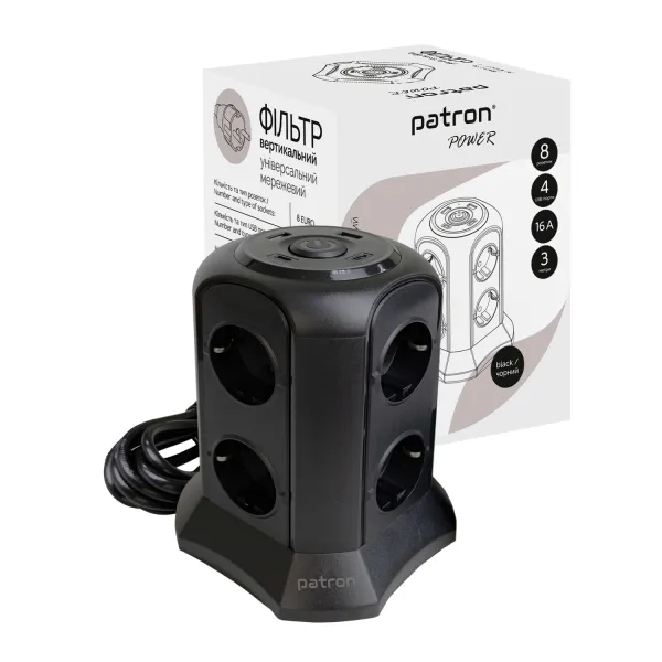 Фильтр сетевой 8 розеток + 2 х USB, 2 x USB-C, башня, 3 м, 16 А, 250 В, черный Patron Power (SP-1683-USBT)