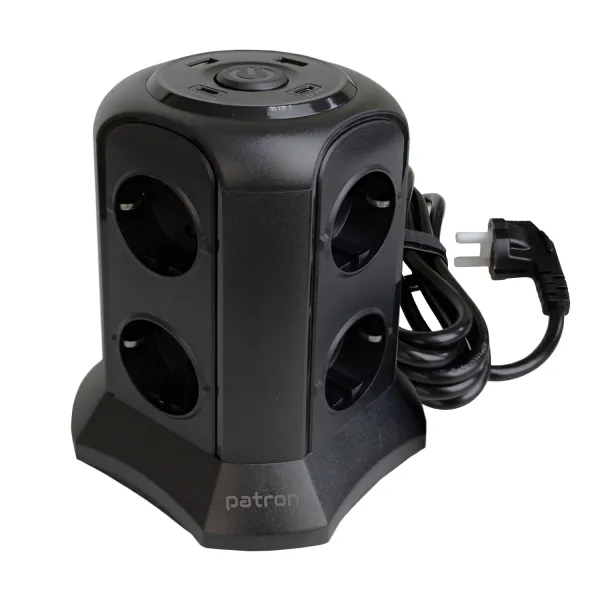 Фильтр сетевой 8 розеток + 2 х USB, 2 x USB-C, башня, 3 м, 16 А, 250 В, черный Patron Power (SP-1683-USBT) - Фото 2