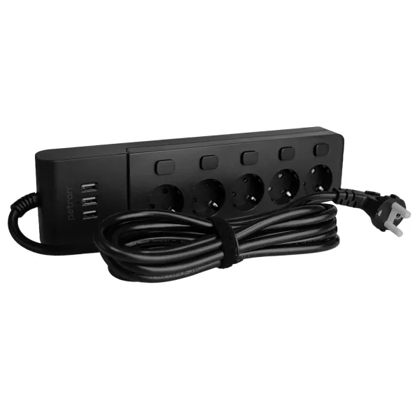 Фильтр сетевой 5 розеток + 3 х USB, 3 м, 16 А, 250 В, черный Patron Power (SP1653-USB) - Фото 1