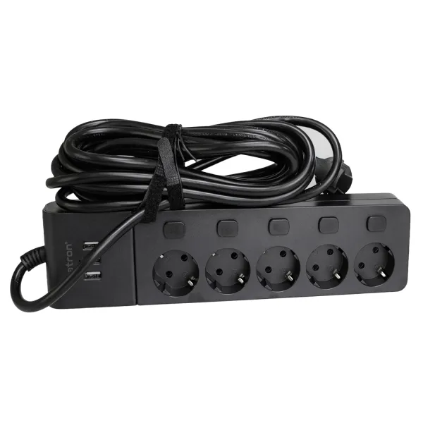 Фильтр сетевой 5 розеток + 3 х USB, 5 м, 16 А, 250 В, черный Patron Power (SP1655-USB) - Фото 1
