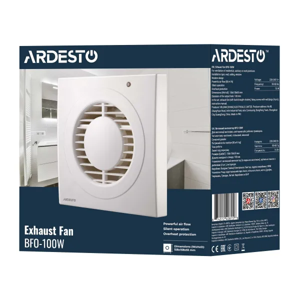 Витяжний вентилятор 15 Вт, 80 м3/г, 2400 об./хв., 33 дБ, білий Ardesto (BFO-100W) - Фото 8