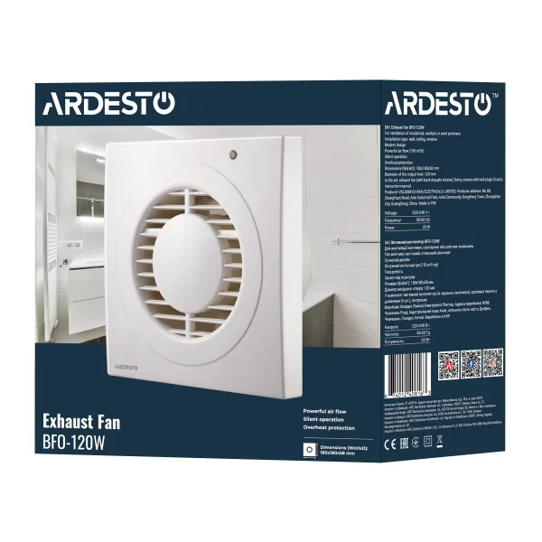 Витяжний вентилятор 20 Вт, 150 м3/г, 2300 об./хв., 35 дБ, білий Ardesto (BFO-120W) - Фото 8