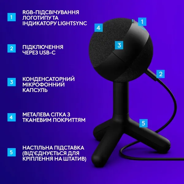 Микрофон USB Type-C игровой G Yeti Orb RGB Lightsync, чёрный Logitech (988-000551) - Фото 1