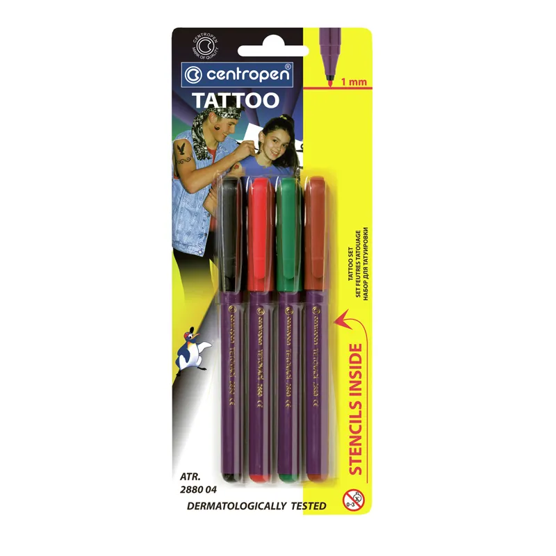 Маркер TATTOO 2880, 1 мм, набор 4 шт+трафарет Centropen (2880) Маркер TATTOO 2880, 1 мм, набор 4 шт+трафарет Centropen (2880)