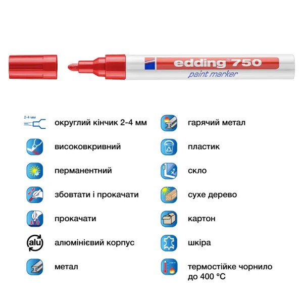Маркер лаковый для маркировки Paint e-750 2-4 мм круглый красный Edding (e-750/02) - Фото 3