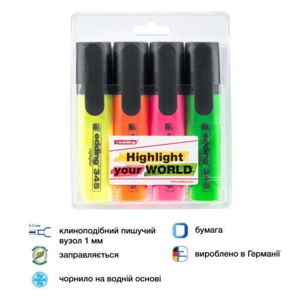 Маркер текстовий, Highlighter e-345 набір 4 шт, блістер PVC Edding (e-345/4/se) - Фото 1