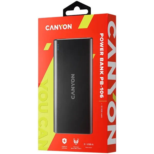 Акумулятор зовнішній Power Bank 10000 mAh PB-106, чорний Canyon (CNE-CPB1006B) - Фото 1